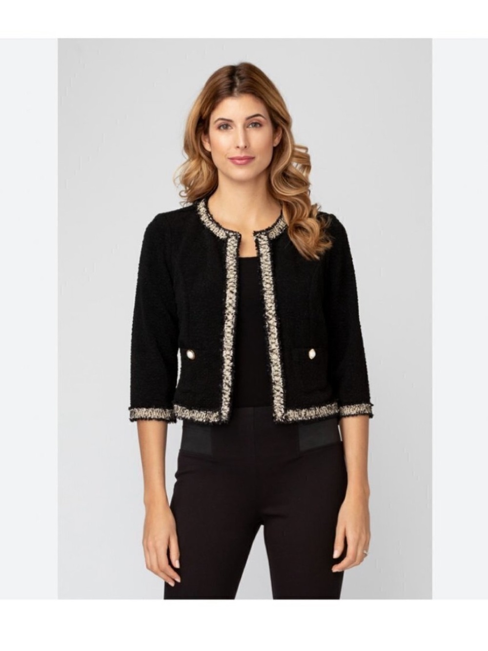 Joseph Ribkoff Black Cropped Bouclé Jacket with Contrast Trim